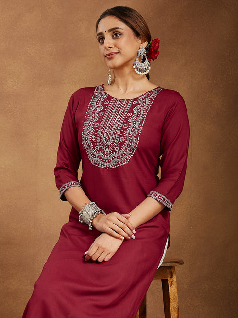 Janasya Women's Maroon Rayon Embroidered Straight Kurta